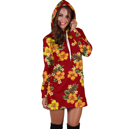 Orange Hibiscus Pattern Print Design HB026 Women Hoodie Dress