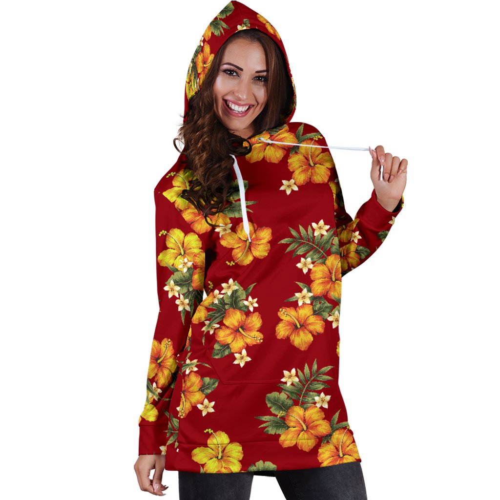 Orange Hibiscus Pattern Print Design HB026 Women Hoodie Dress