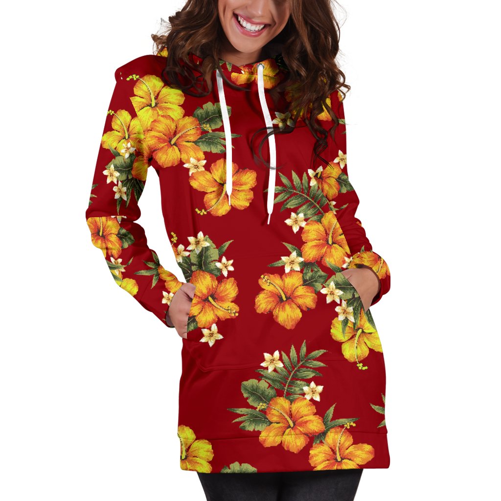 Orange Hibiscus Pattern Print Design HB026 Women Hoodie Dress