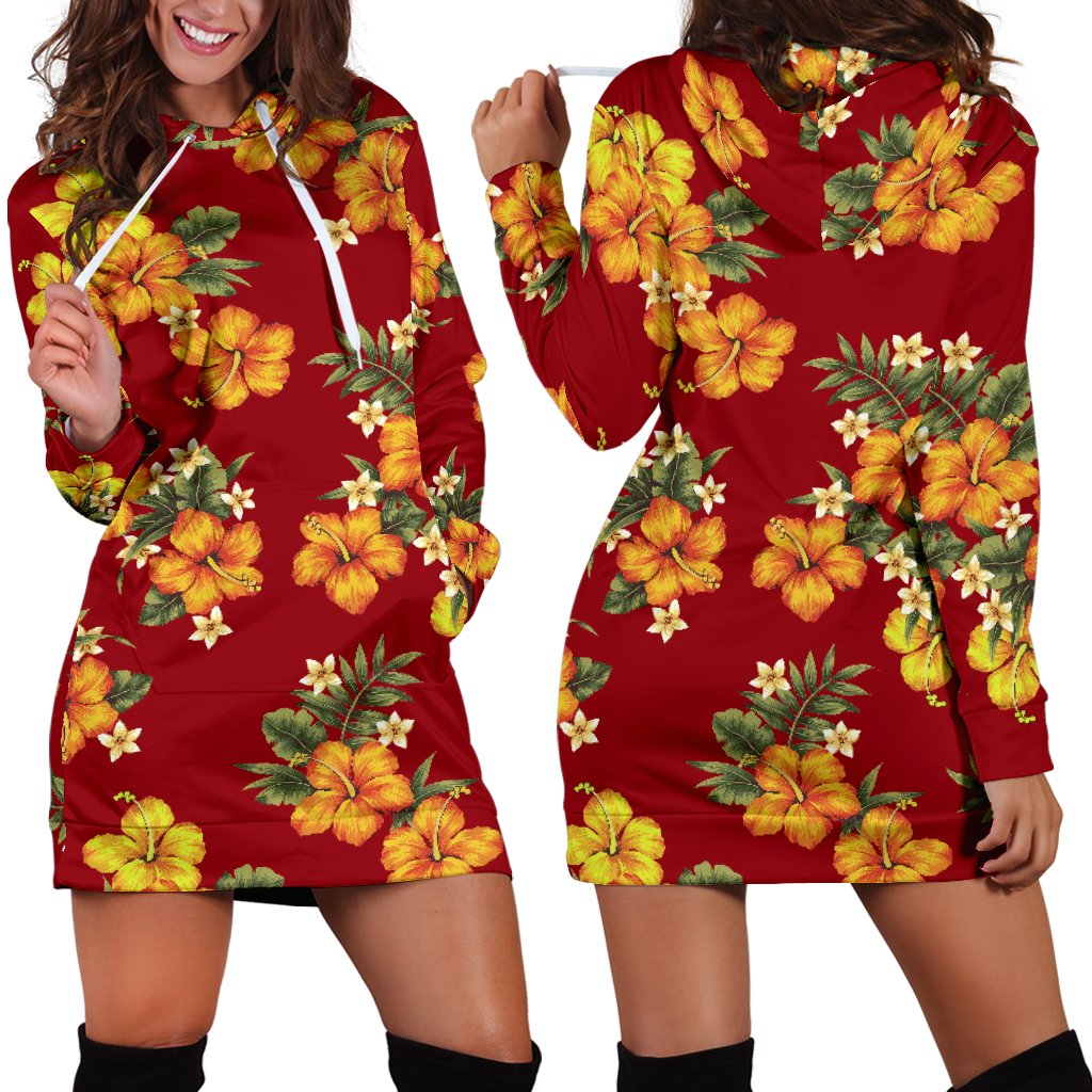 Orange Hibiscus Pattern Print Design HB026 Women Hoodie Dress