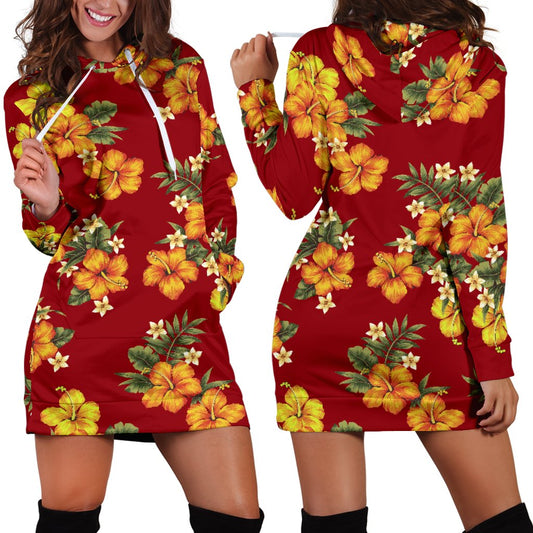 Orange Hibiscus Pattern Print Design HB026 Women Hoodie Dress