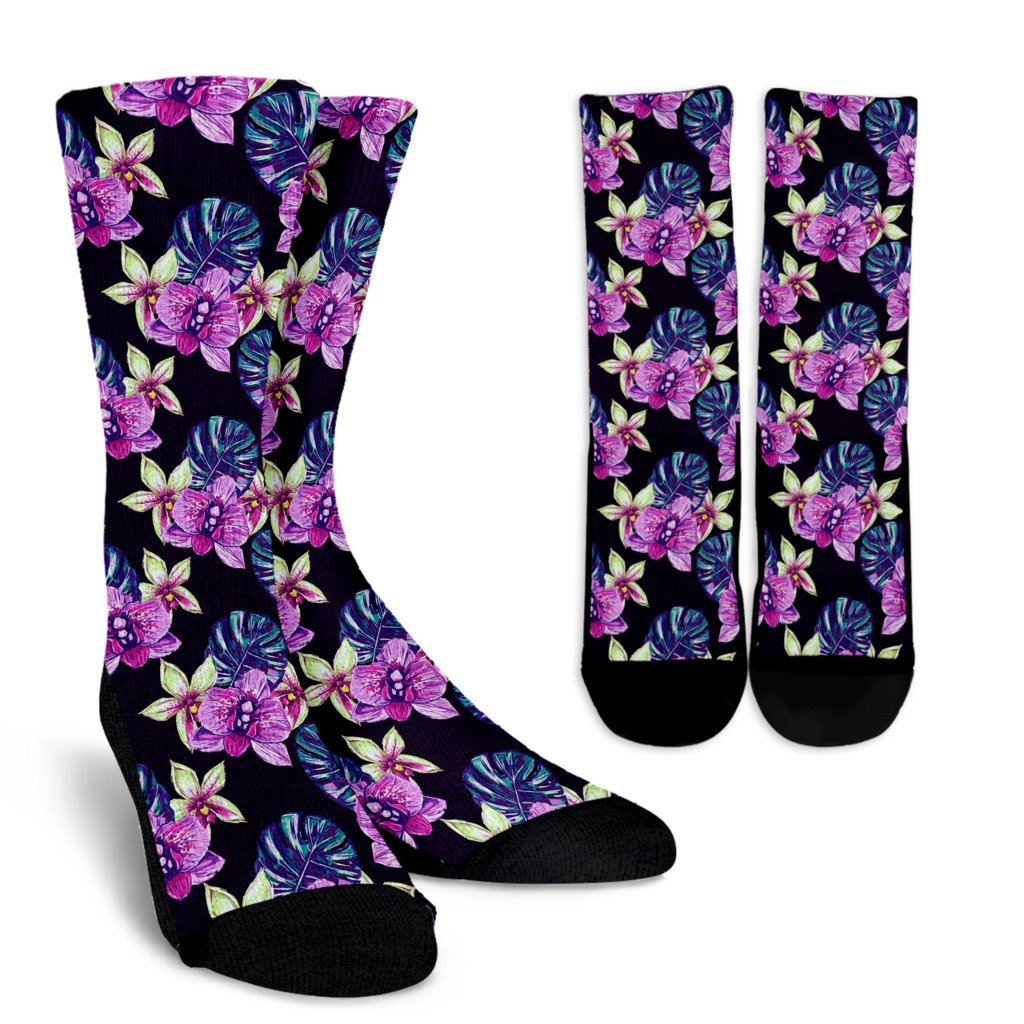 Orchid Pattern Print Design OR010 Crew Socks-JORJUNE.COM