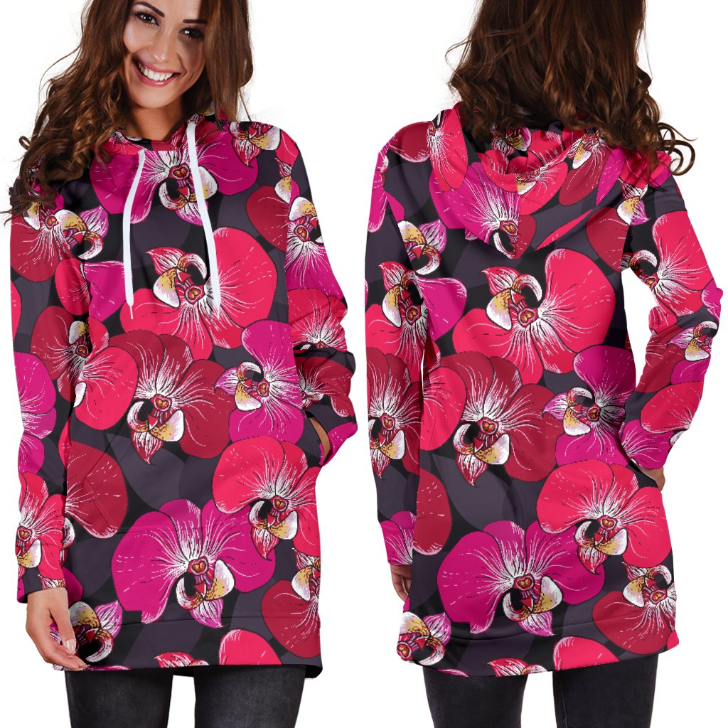 Orchid Red Pattern Print Design OR05 Women Hoodie Dress