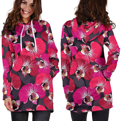 Orchid Red Pattern Print Design OR05 Women Hoodie Dress