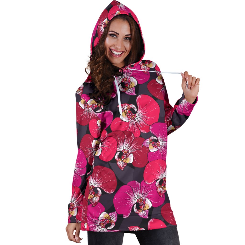 Orchid Red Pattern Print Design OR05 Women Hoodie Dress