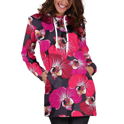 Orchid Red Pattern Print Design OR05 Women Hoodie Dress