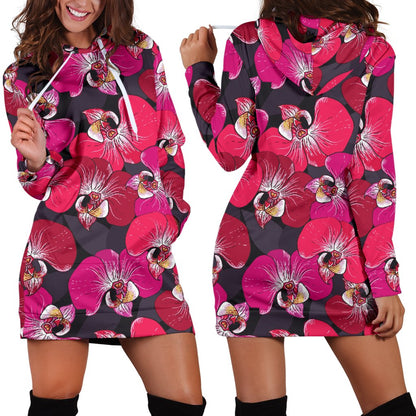 Orchid Red Pattern Print Design OR05 Women Hoodie Dress