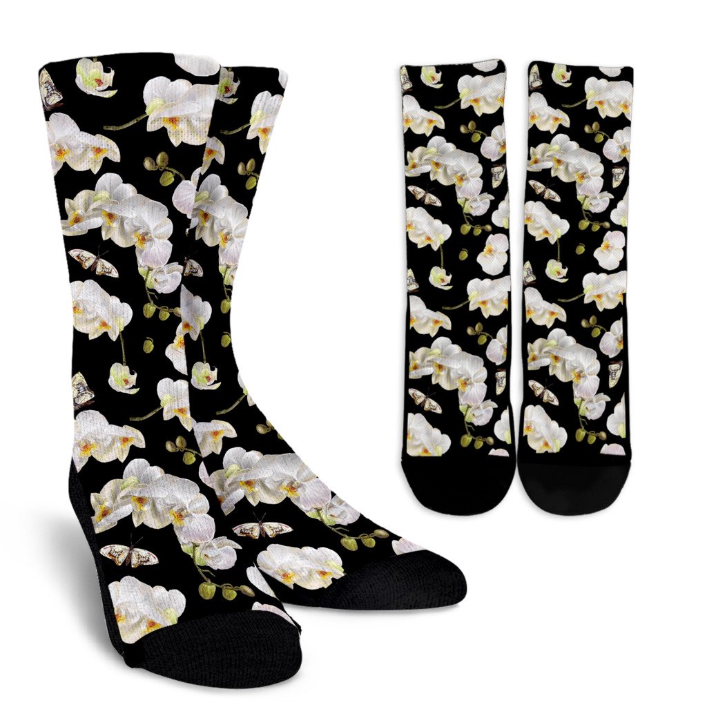 Orchid White Pattern Print Design OR011 Crew Socks-JORJUNE.COM