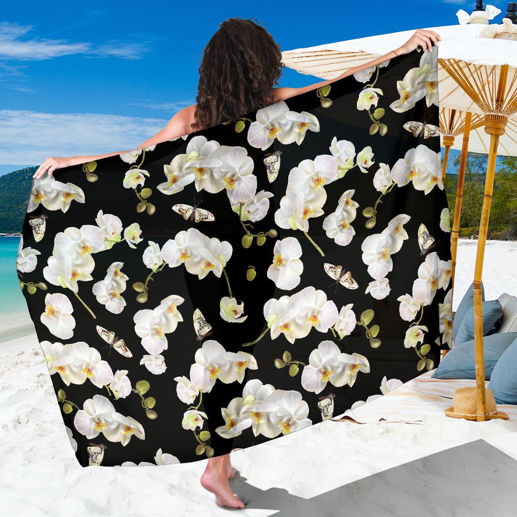 Orchid White Pattern Print Design OR011 Sarong Pareo Wrap-JORJUNE.COM