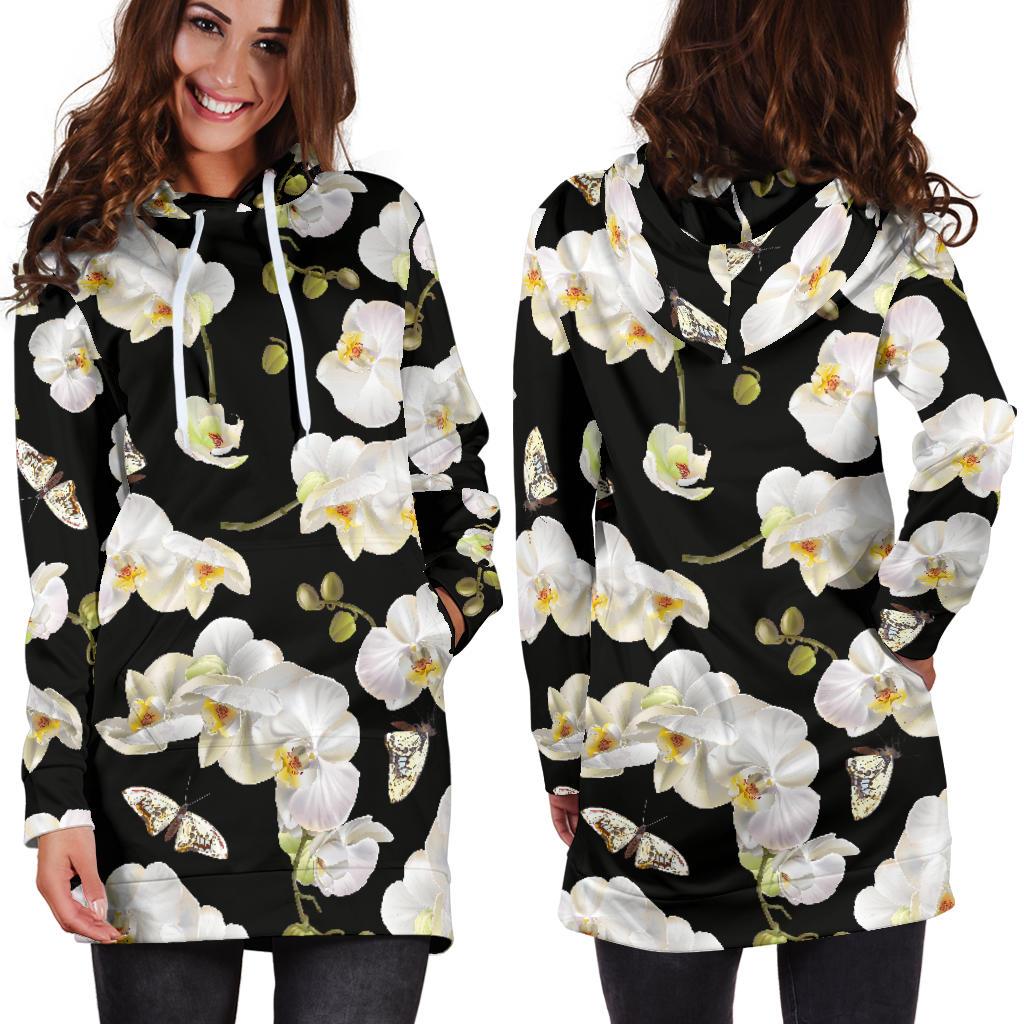 Orchid White Pattern Print Design OR011 Women Hoodie Dress