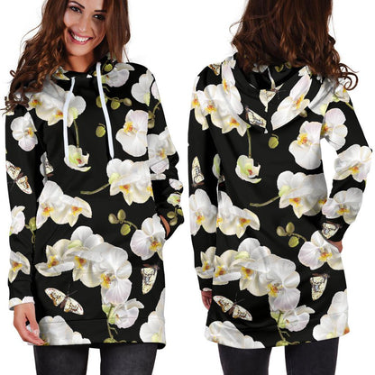 Orchid White Pattern Print Design OR011 Women Hoodie Dress