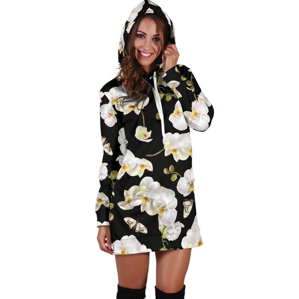 Orchid White Pattern Print Design OR011 Women Hoodie Dress