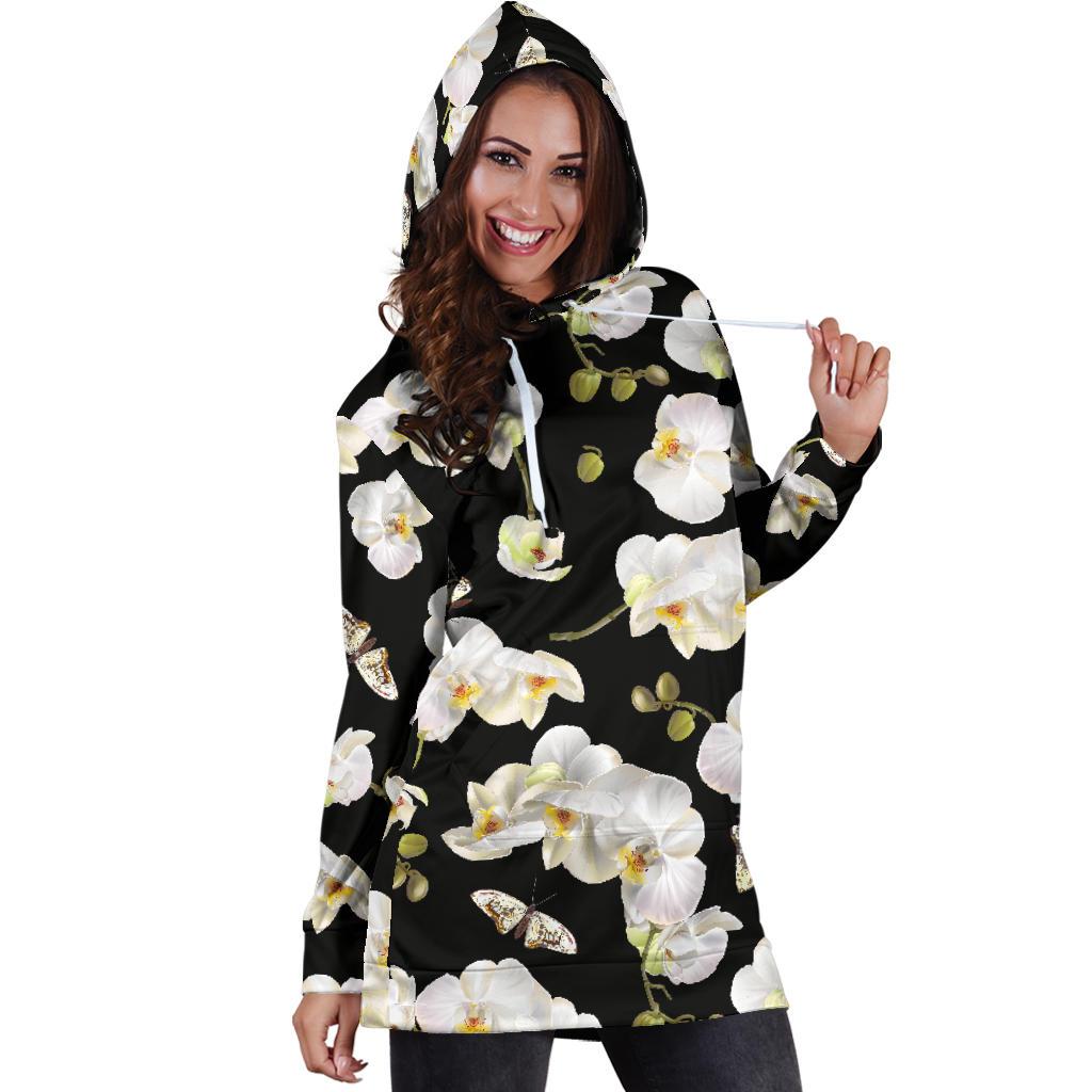 Orchid White Pattern Print Design OR011 Women Hoodie Dress
