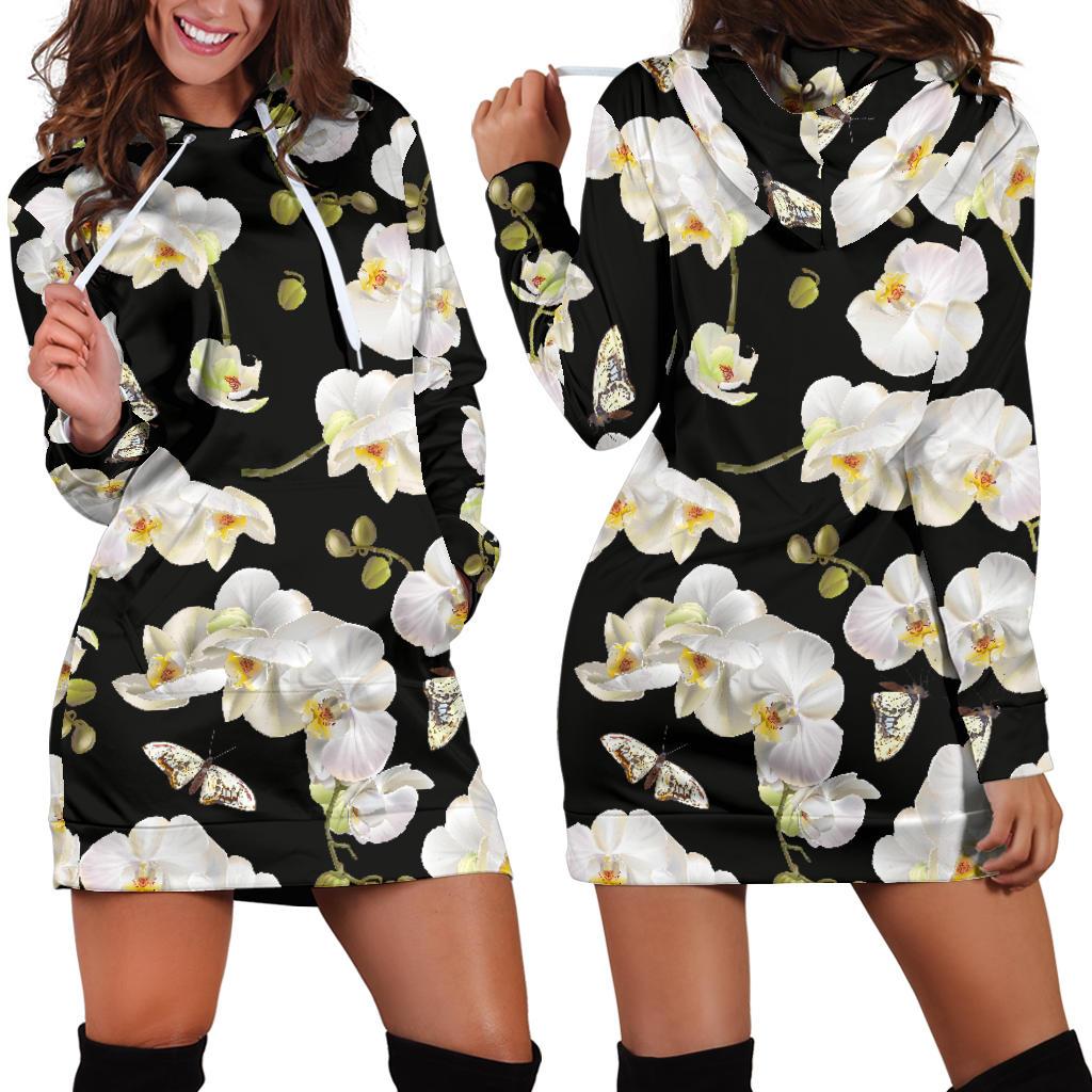 Orchid White Pattern Print Design OR011 Women Hoodie Dress