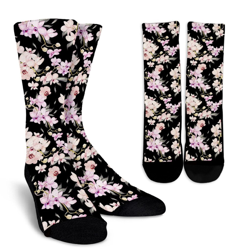 Orchid White Pattern Print Design OR03 Crew Socks-JORJUNE.COM