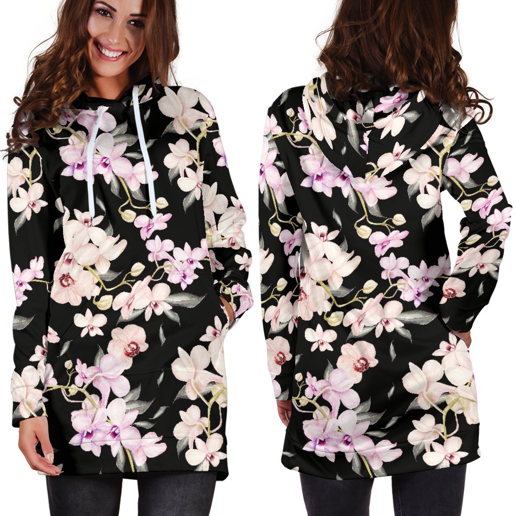 Orchid White Pattern Print Design OR03 Women Hoodie Dress