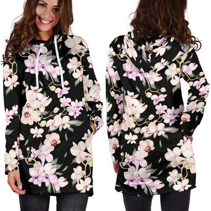 Orchid White Pattern Print Design OR03 Women Hoodie Dress