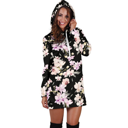 Orchid White Pattern Print Design OR03 Women Hoodie Dress