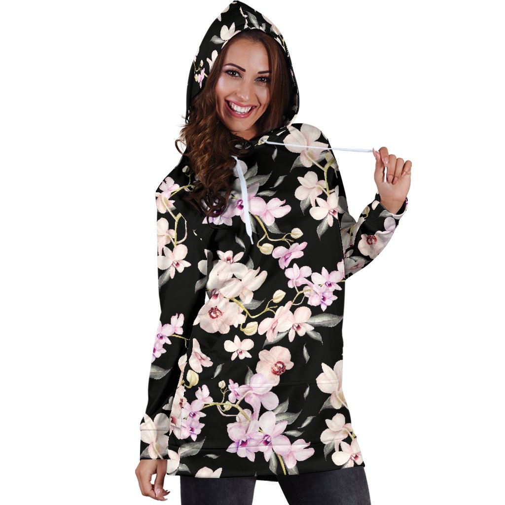 Orchid White Pattern Print Design OR03 Women Hoodie Dress