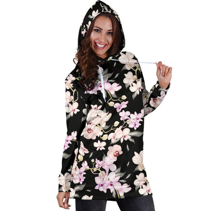 Orchid White Pattern Print Design OR03 Women Hoodie Dress