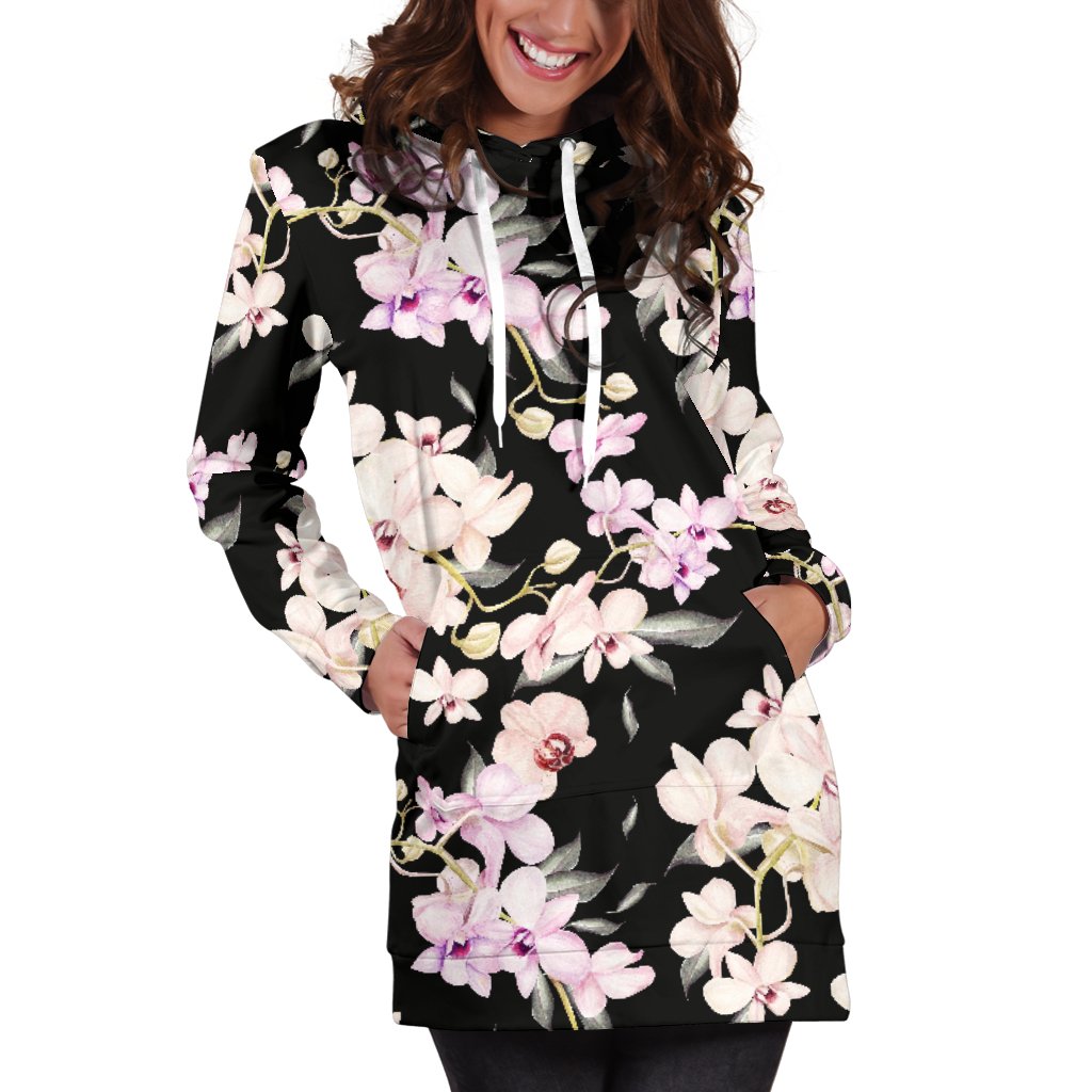 Orchid White Pattern Print Design OR03 Women Hoodie Dress