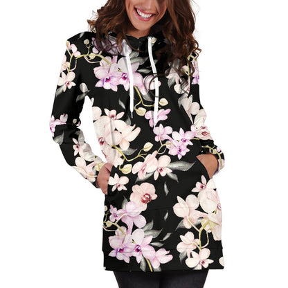 Orchid White Pattern Print Design OR03 Women Hoodie Dress