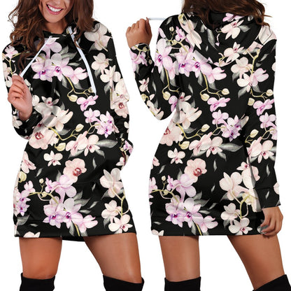 Orchid White Pattern Print Design OR03 Women Hoodie Dress