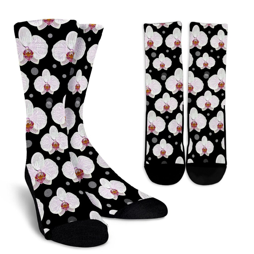 Orchid White Pattern Print Design OR09 Crew Socks-JORJUNE.COM