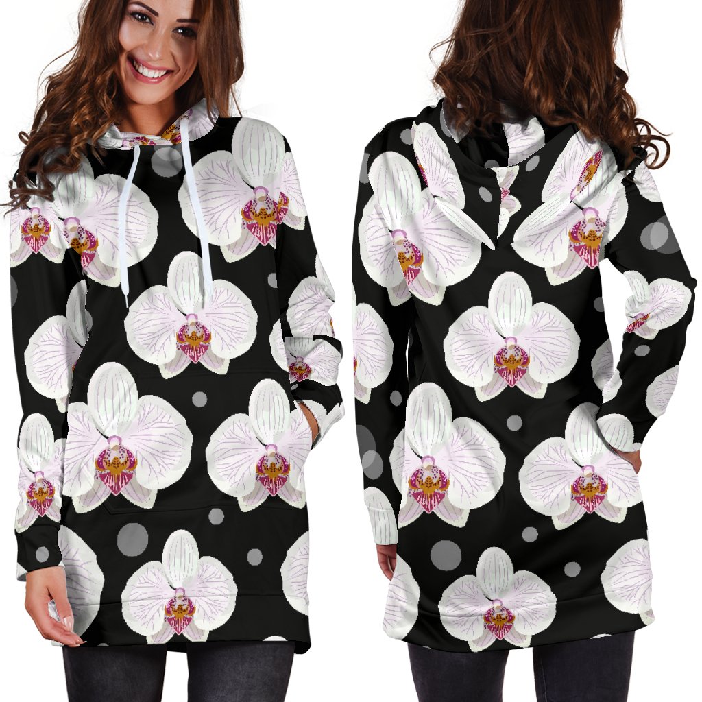 Orchid White Pattern Print Design OR09 Women Hoodie Dress