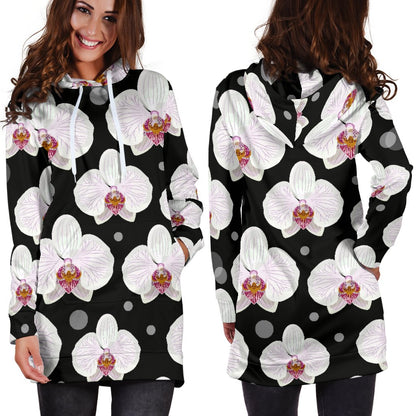 Orchid White Pattern Print Design OR09 Women Hoodie Dress