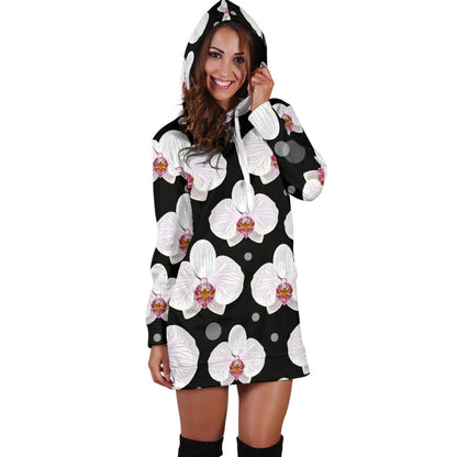 Orchid White Pattern Print Design OR09 Women Hoodie Dress