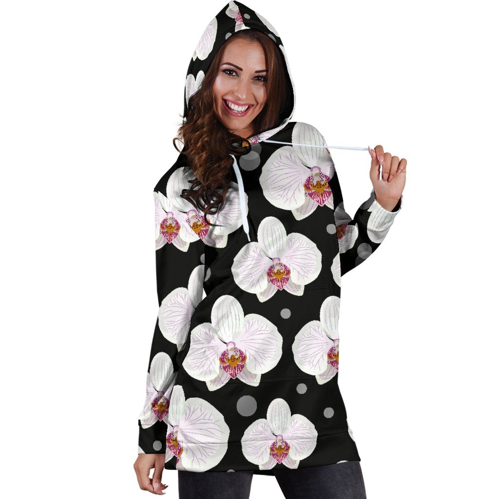 Orchid White Pattern Print Design OR09 Women Hoodie Dress
