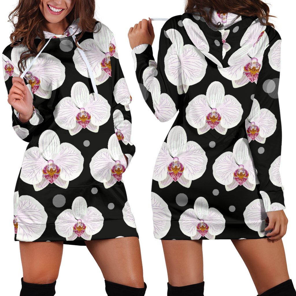 Orchid White Pattern Print Design OR09 Women Hoodie Dress