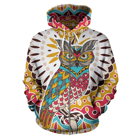 Owl Colorful All Over Zip Up Hoodie