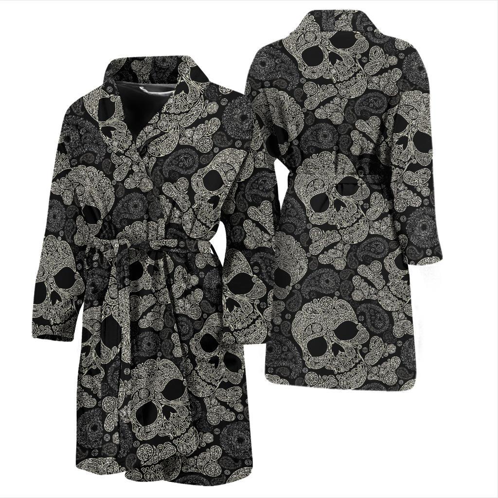 Paisley Skull Pattern Print Design A01 Men Bathrobe-JORJUNE.COM