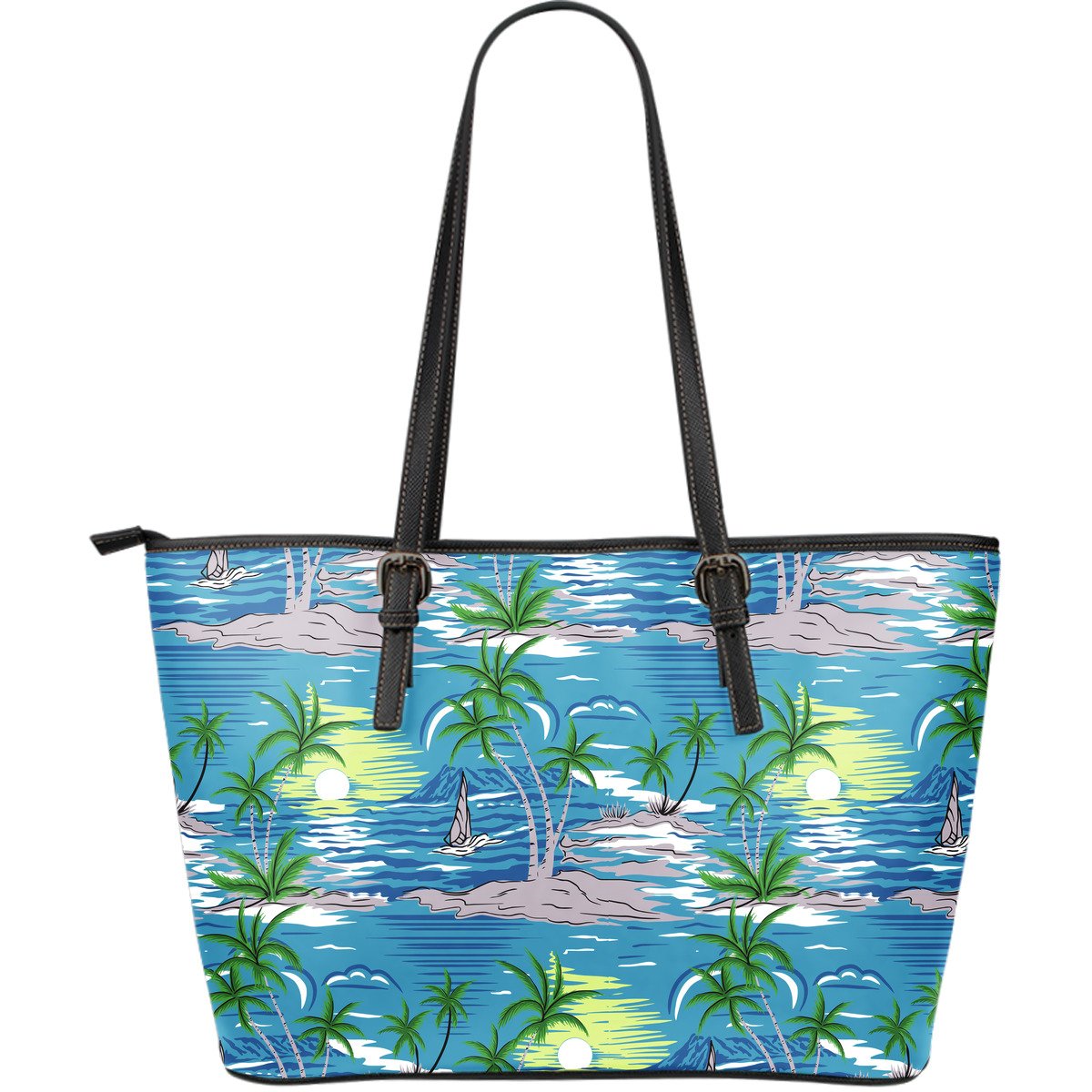 Palm Tree Beach Large Leather Tote Bag