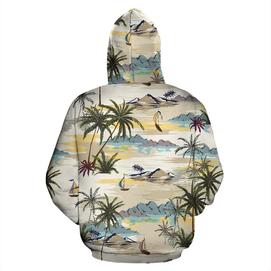 Palm Tree Beach Print All Over Zip Up Hoodie