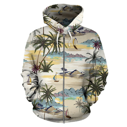 Palm Tree Beach Print All Over Zip Up Hoodie
