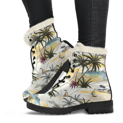 Palm Tree Beach Print Faux Fur Leather Boots