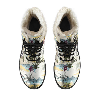 Palm Tree Beach Print Faux Fur Leather Boots