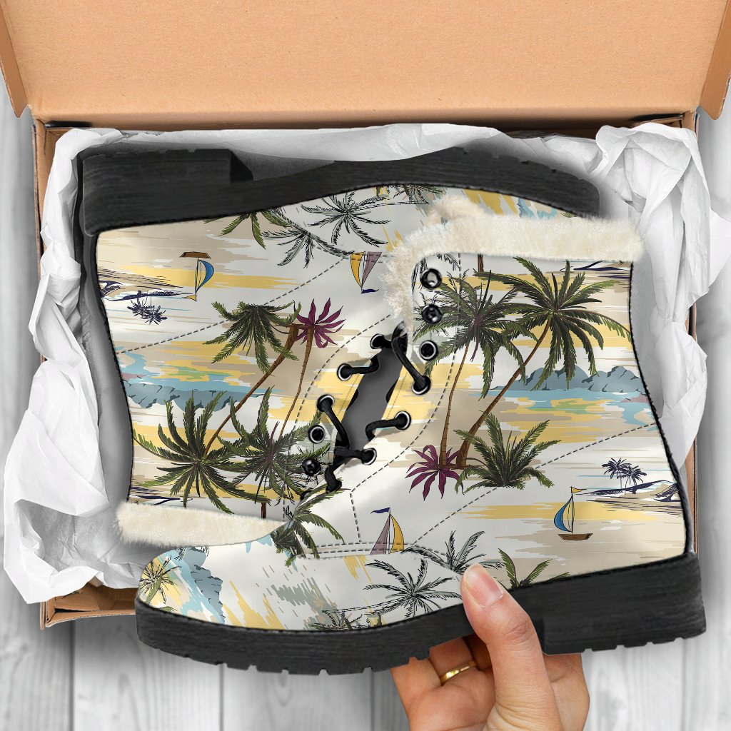 Palm Tree Beach Print Faux Fur Leather Boots