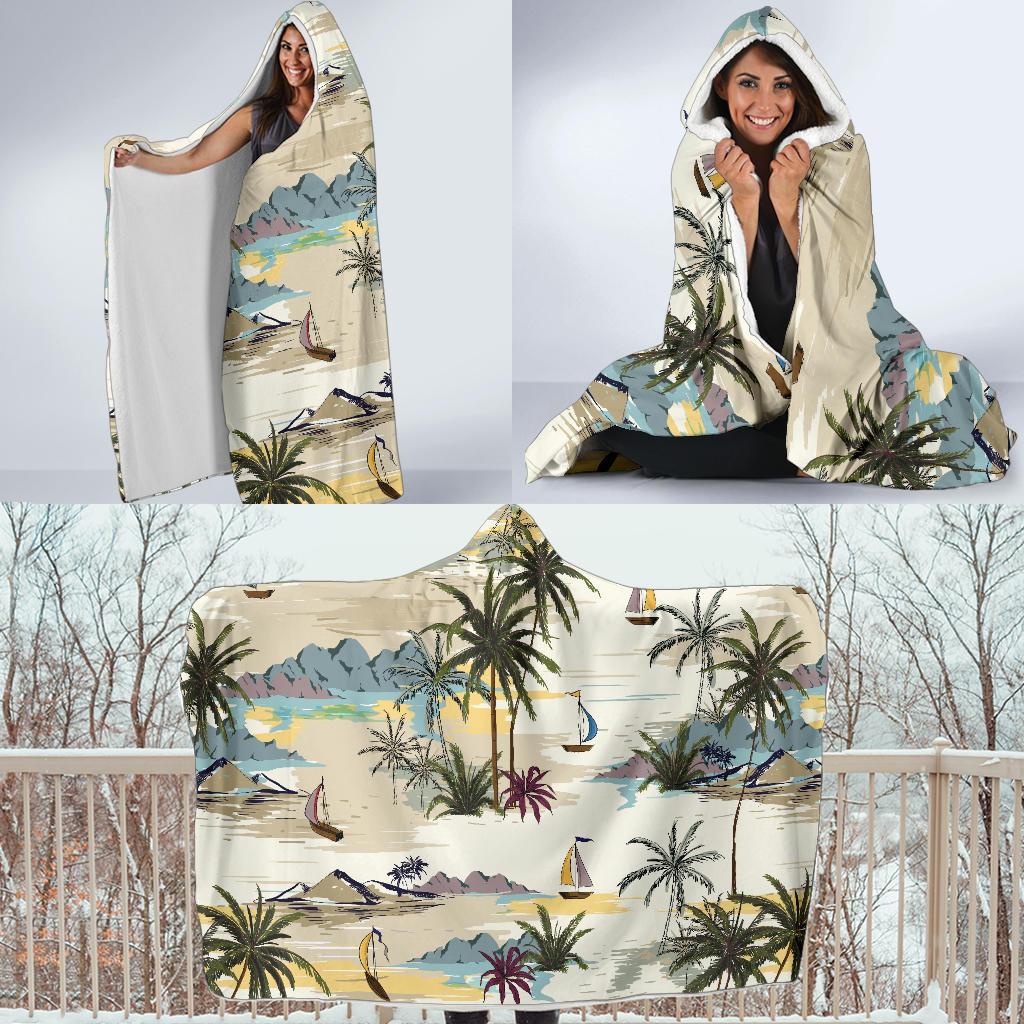 Palm Tree Beach Print Hooded Blanket-JORJUNE.COM