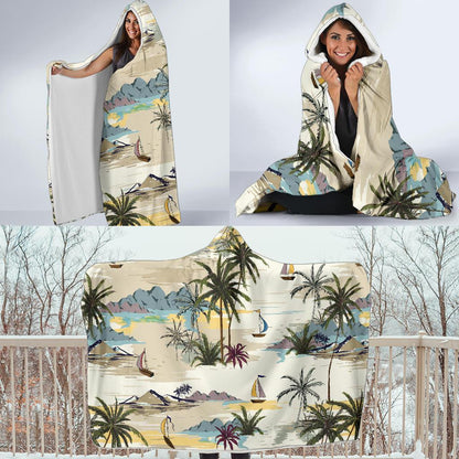 Palm Tree Beach Print Hooded Blanket-JORJUNE.COM