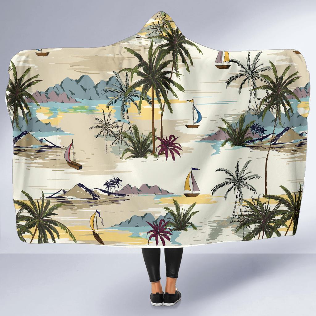 Palm Tree Beach Print Hooded Blanket-JORJUNE.COM