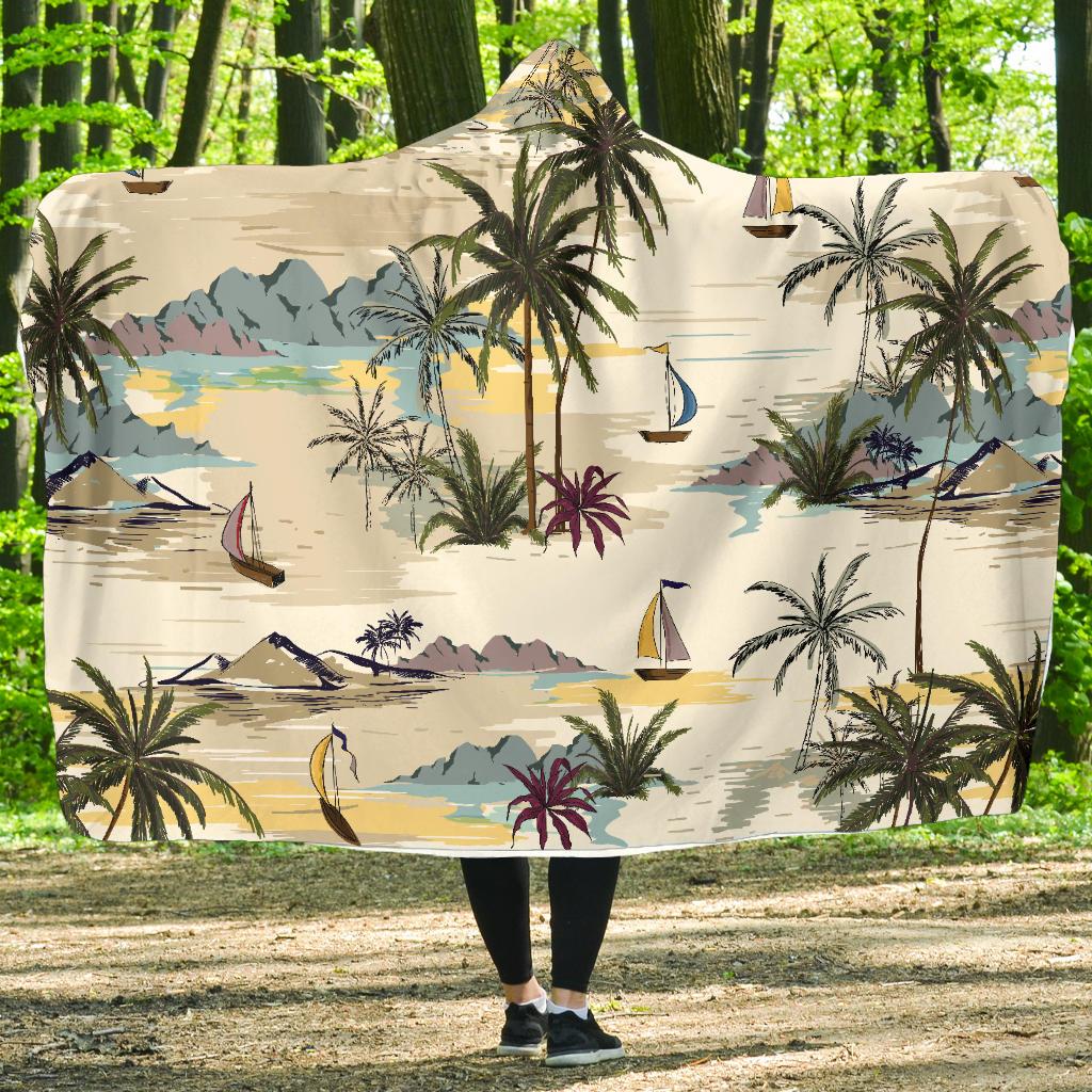 Palm Tree Beach Print Hooded Blanket-JORJUNE.COM