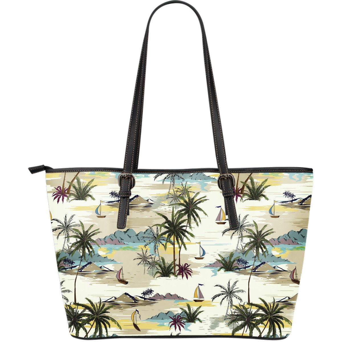 Palm Tree Beach Print Large Leather Tote Bag