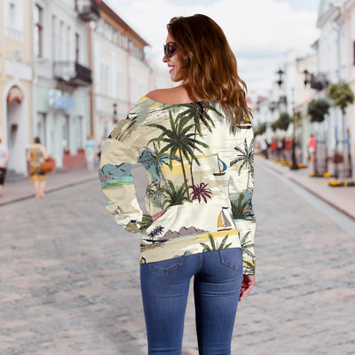 Palm Tree Beach Print Off Shoulder Sweatshirt