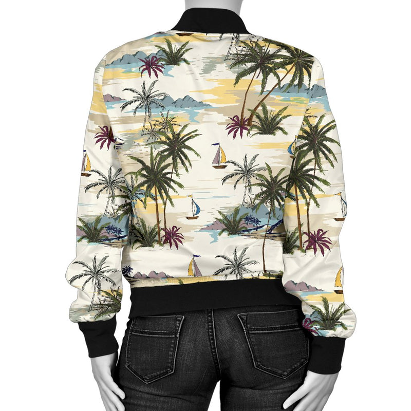 Palm Tree Beach Print Women Casual Bomber Jacket