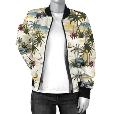 Palm Tree Beach Print Women Casual Bomber Jacket