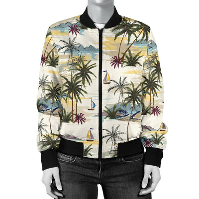 Palm Tree Beach Print Women Casual Bomber Jacket